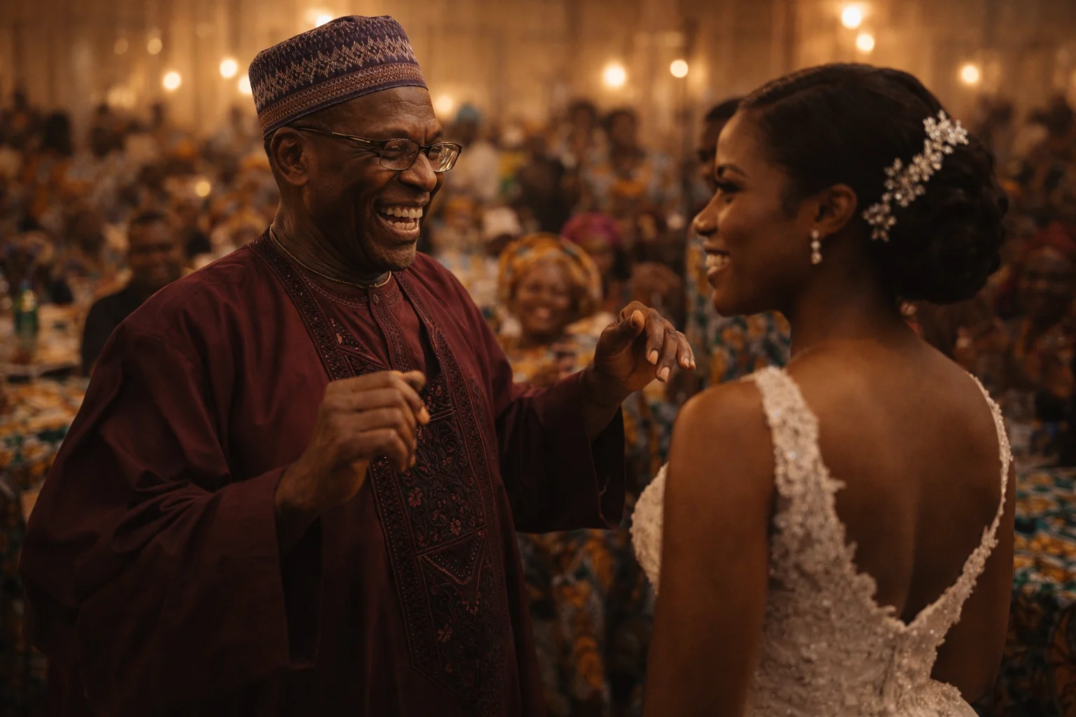 Father and daughter — Nigerian wedding dancefloor, fully present