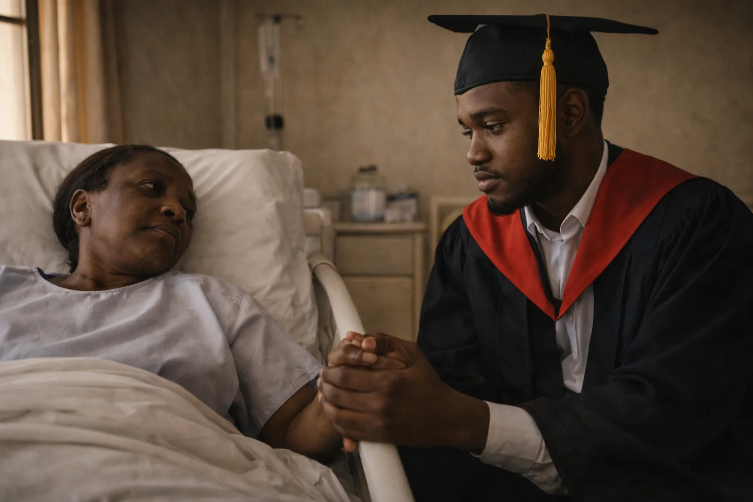 Mama Ngozi — hospital bed, son in graduation gown