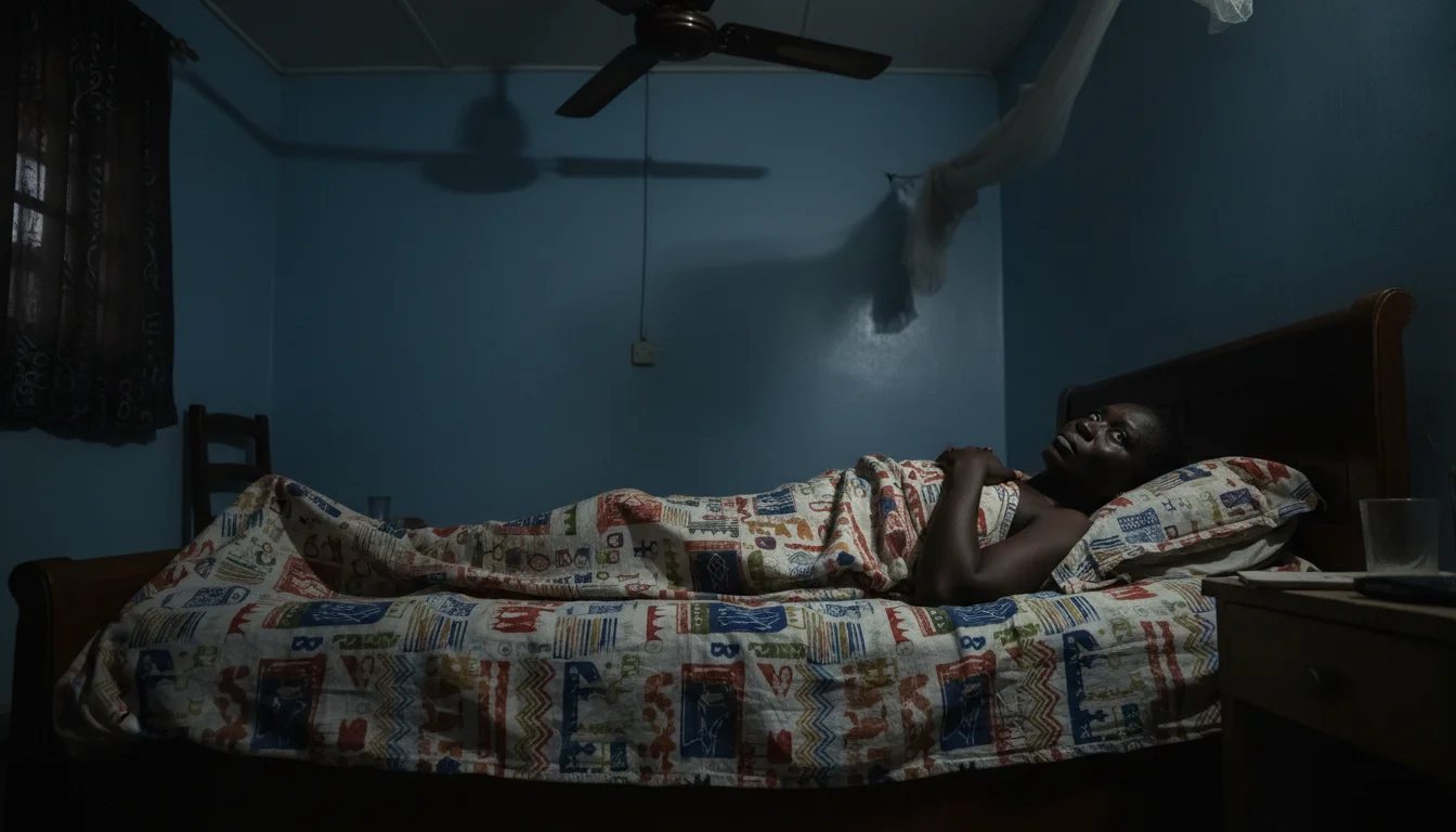 Nigerian bedroom at night — awake, hand on chest