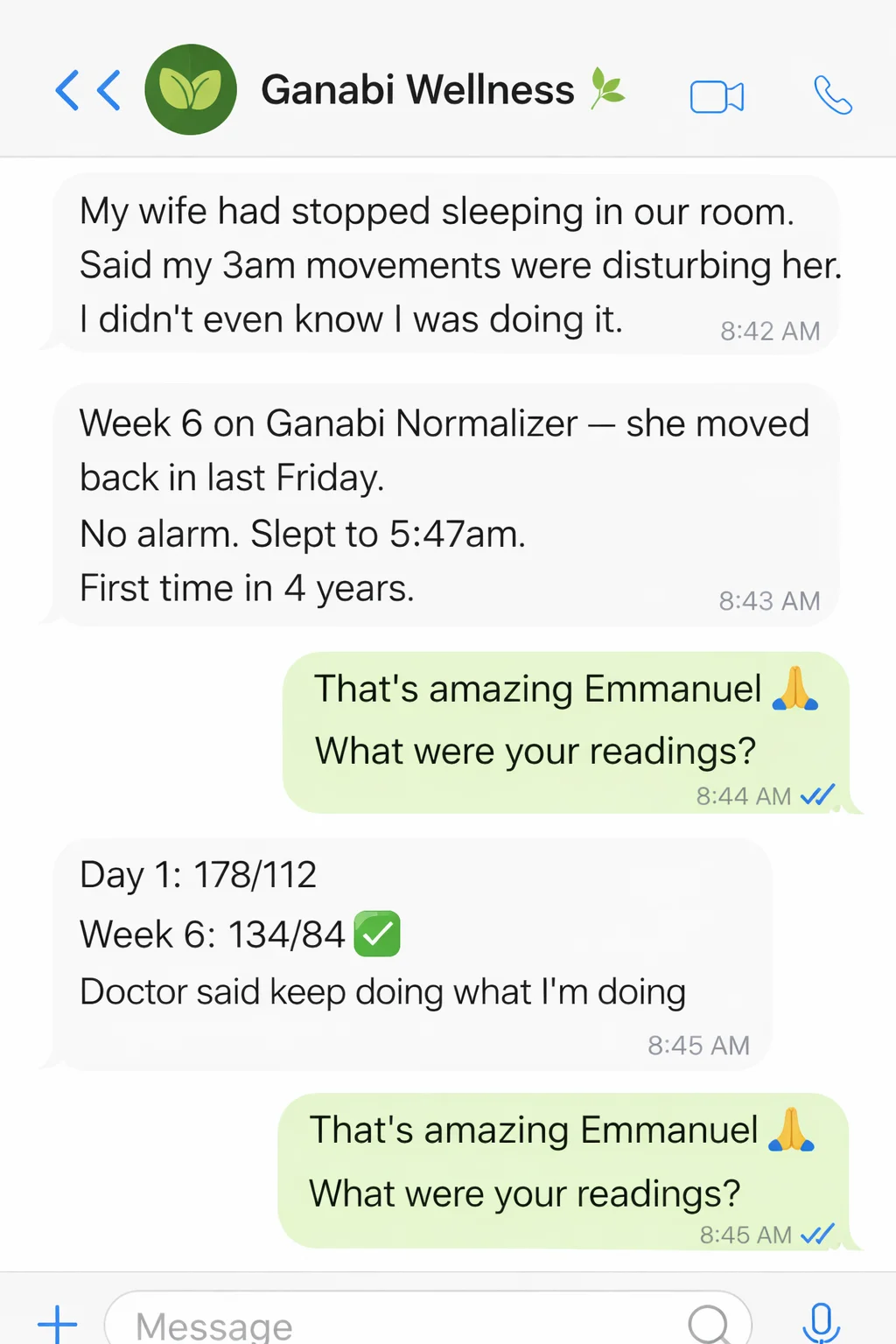 Real WhatsApp message from Bro. Emmanuel O. — BP went from 178/112 to 134/84 in 6 weeks
