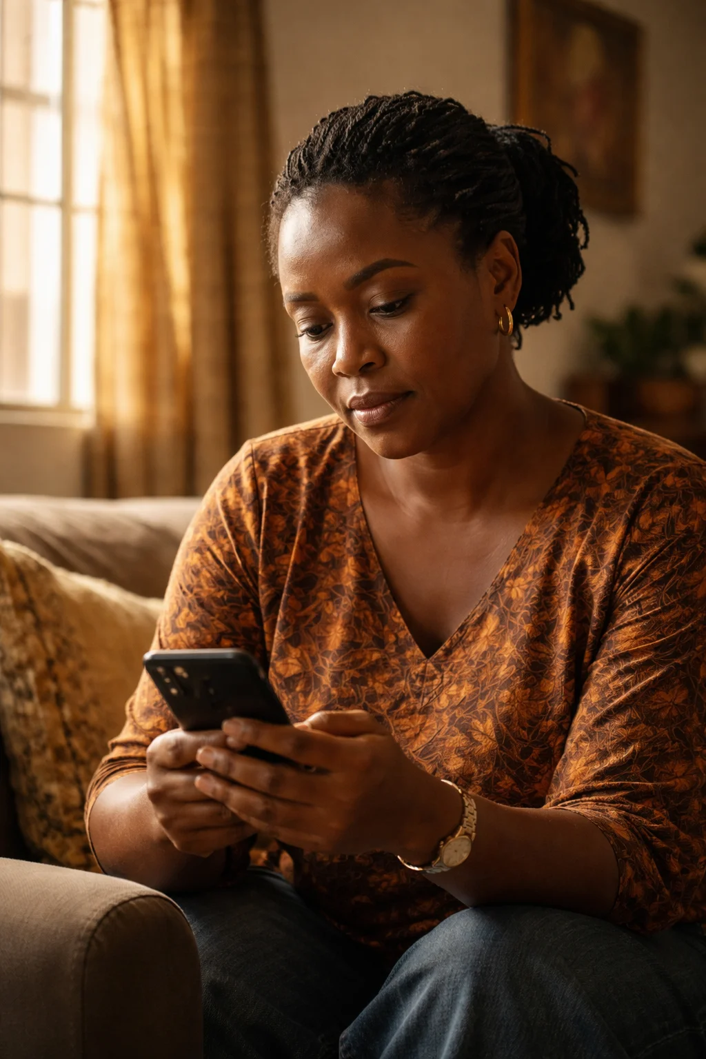 A Nigerian woman holding her phone — reading the message that changed her mind