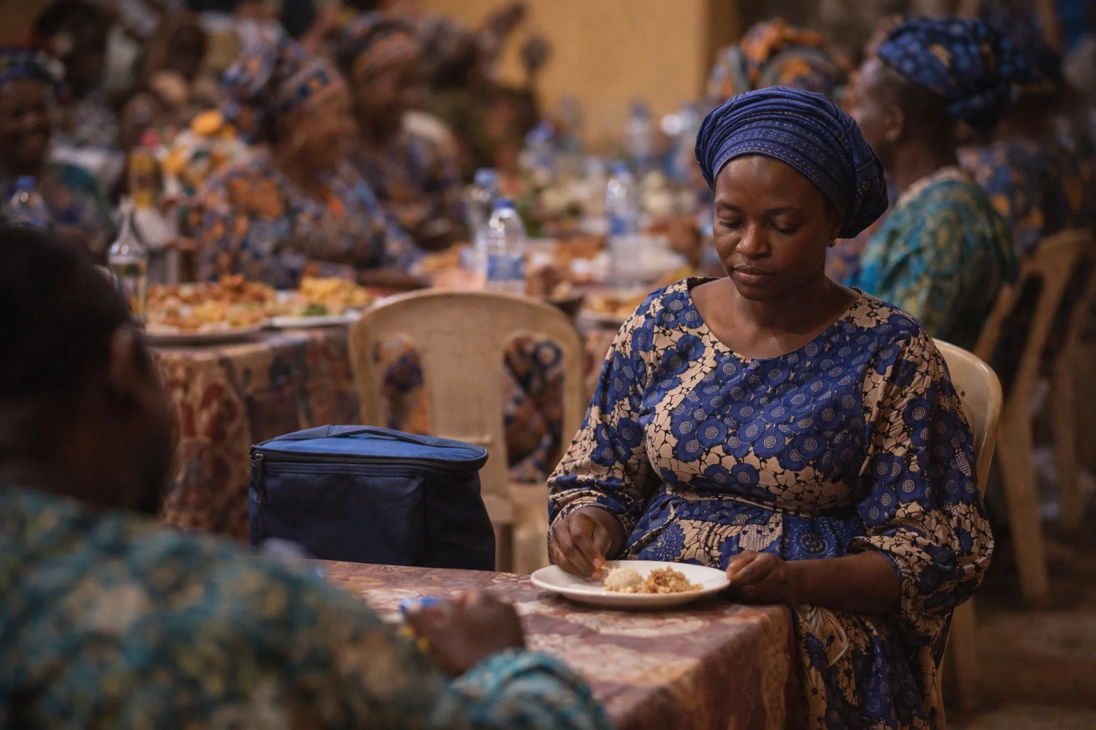 A Nigerian woman portioning her food carefully at a family celebration