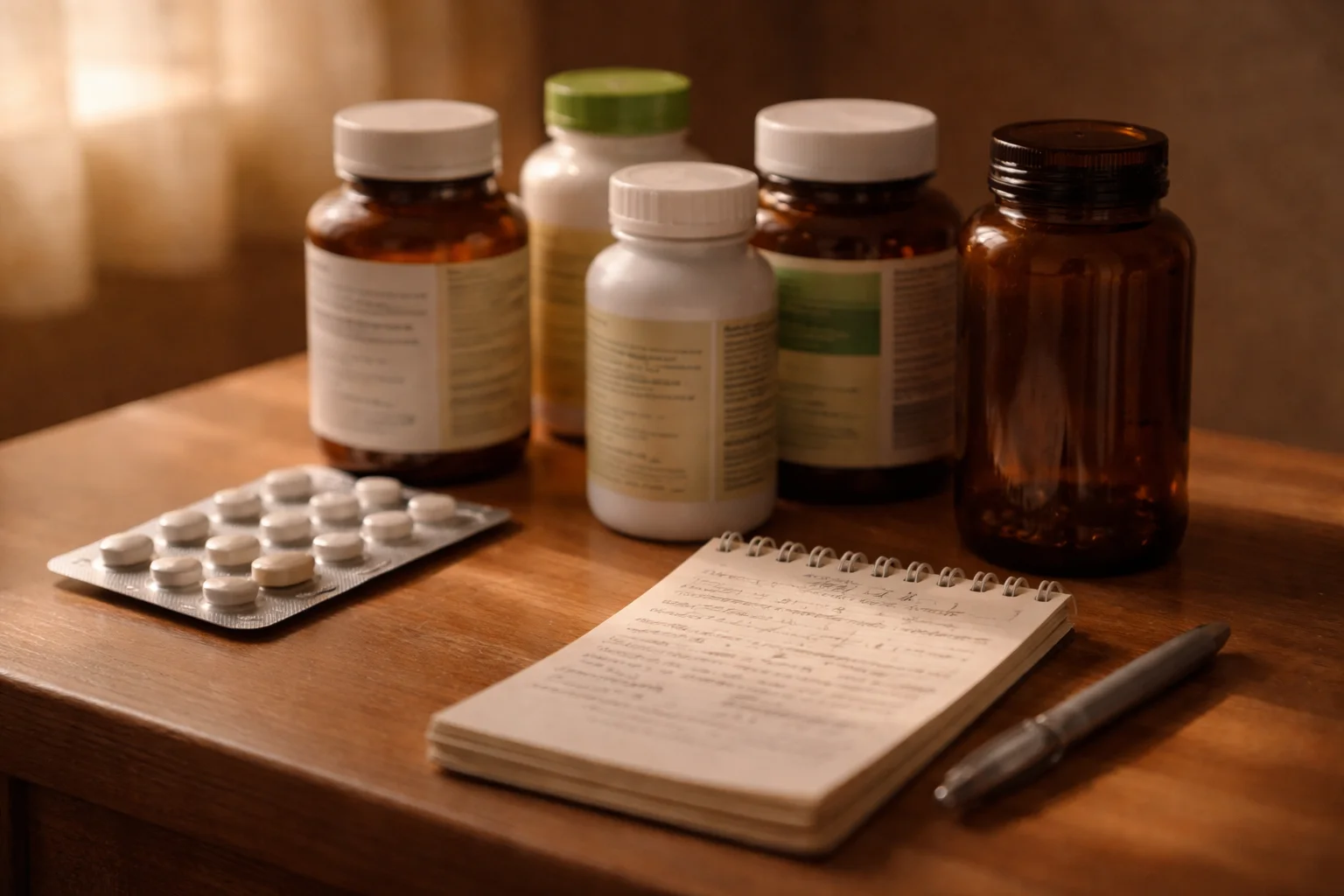 Supplement bottles — evidence of years of trying everything