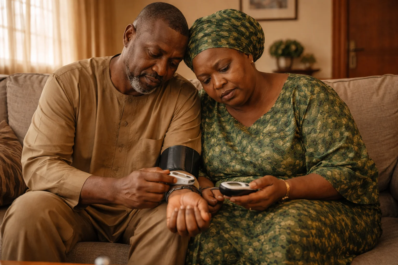 Nigerian couple over 50 struggling with diabetes and high blood pressure