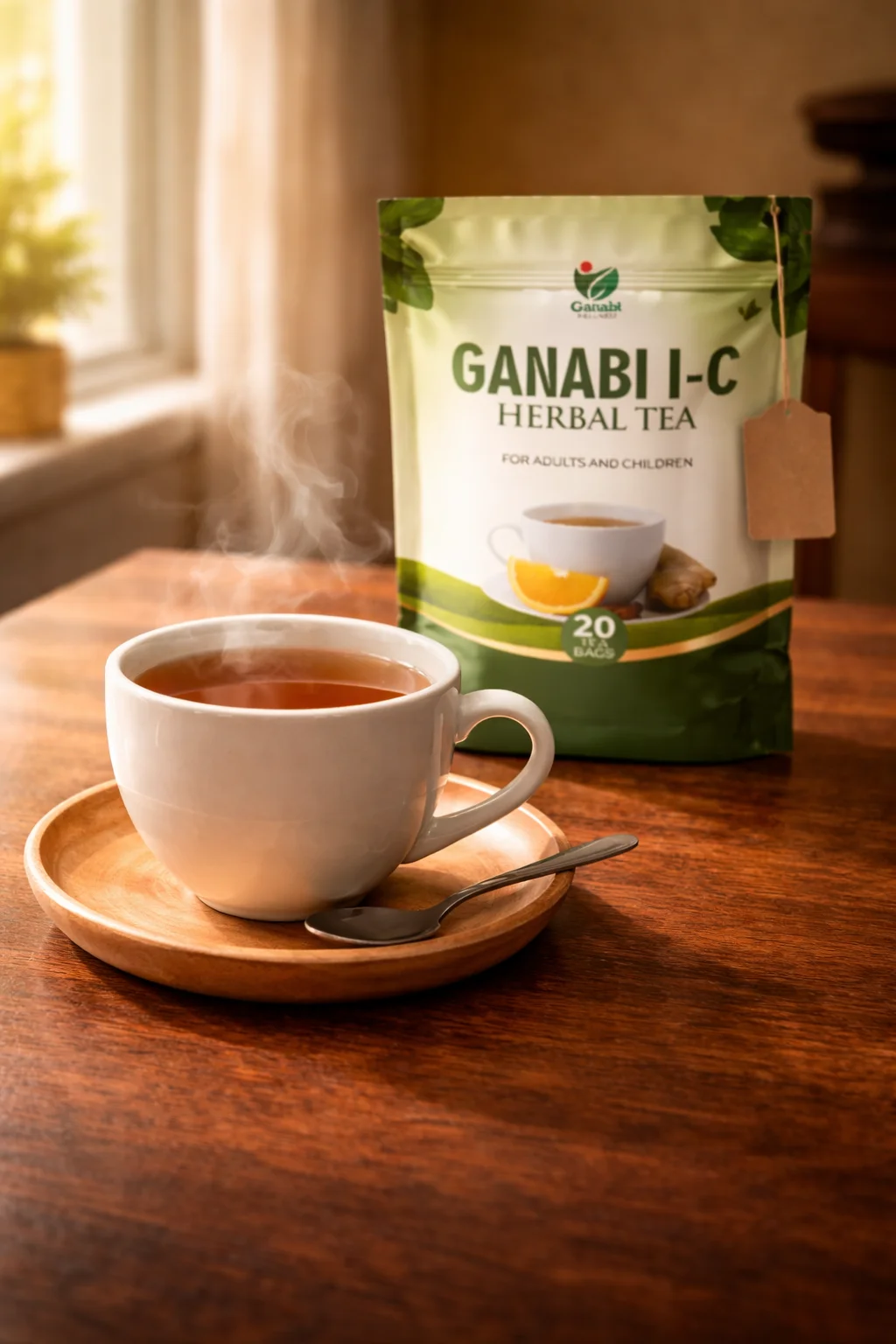 Ganabi I-C Herbal Tea — Nigerian couple enjoying morning tea, glasses unused on the table beside them