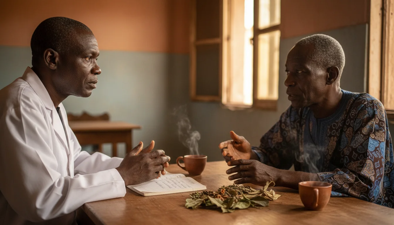 Two Nigerian men, one in pharmacist coat, sitting at a wooden table with notebooks and herb specimens, late afternoon Ibadan light