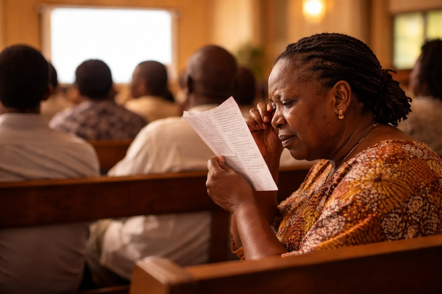 Nigerian woman at the back of a church squinting at a blurred projector screen