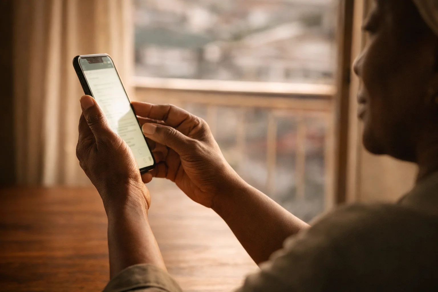 Nigerian hands aged 50+ holding a phone at arm's length, slight squint, soft Lagos morning light