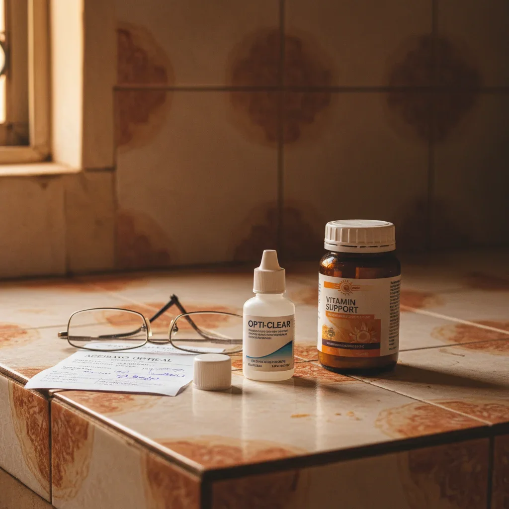 Nigerian bedside table with scattered eye drops, prescription, reading glasses and supplements — real and lived-in
