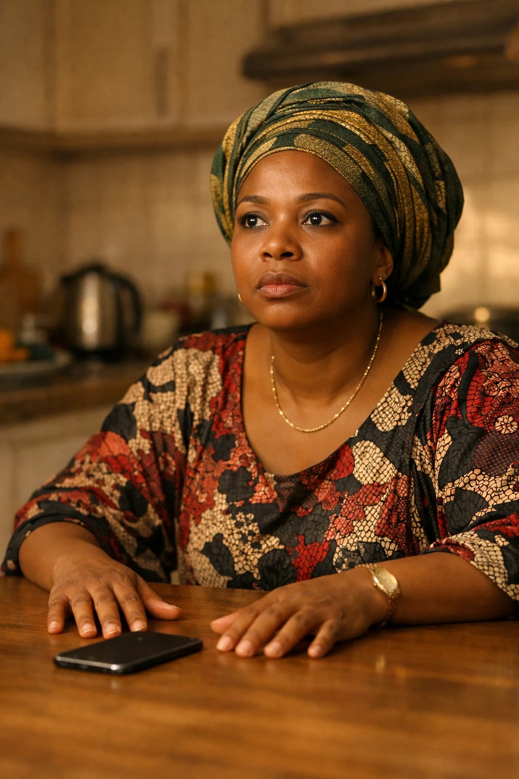 Nigerian woman sitting still at a kitchen table after reading something significant, phone face-down, Abuja home