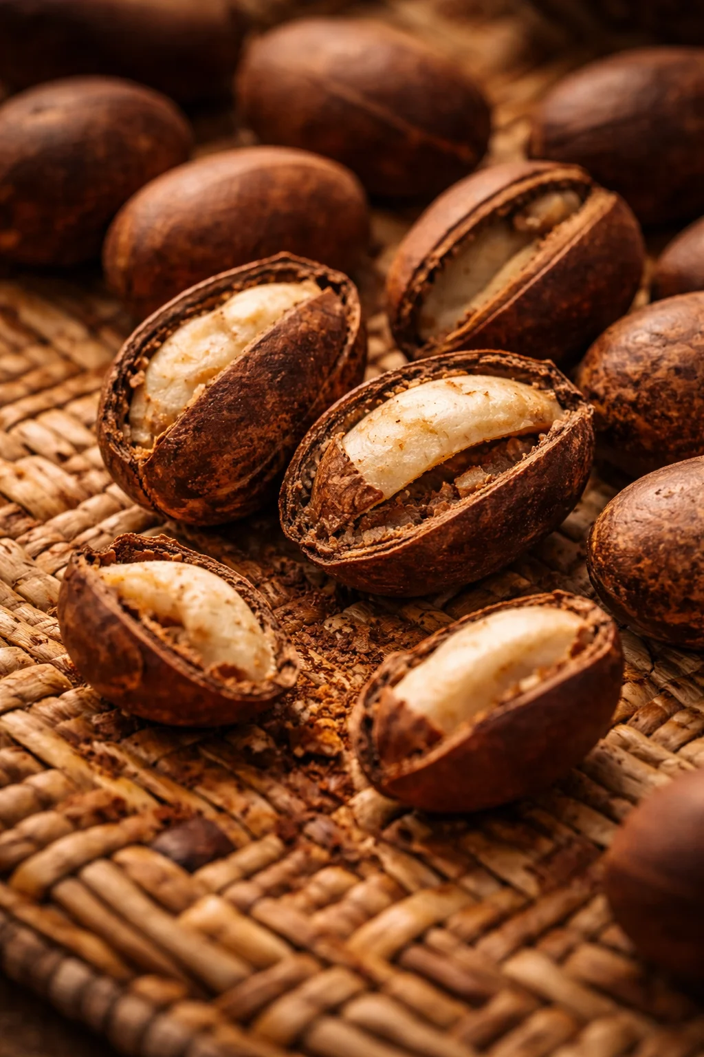 Fresh bitter kola nuts cracked open on traditional woven mat, warm Nigerian market light