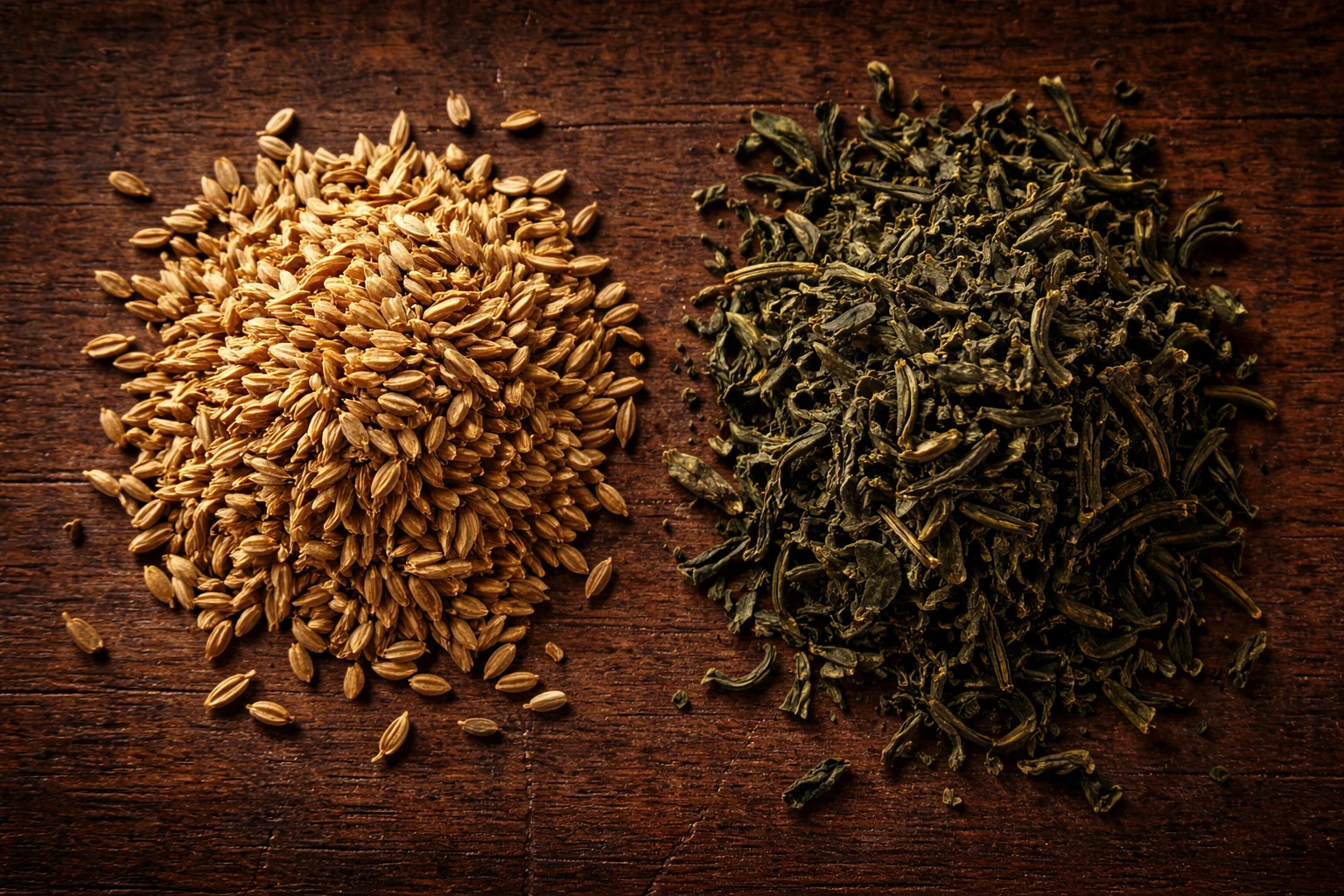 Flat lay of dried fennel seeds and green tea leaves on dark wood, warm light