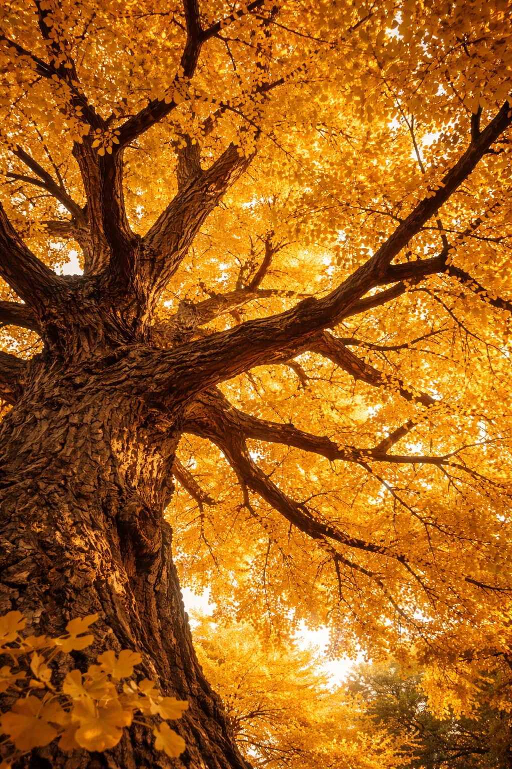 Ancient Ginkgo Biloba tree with golden fan-shaped leaves, warm autumn afternoon light