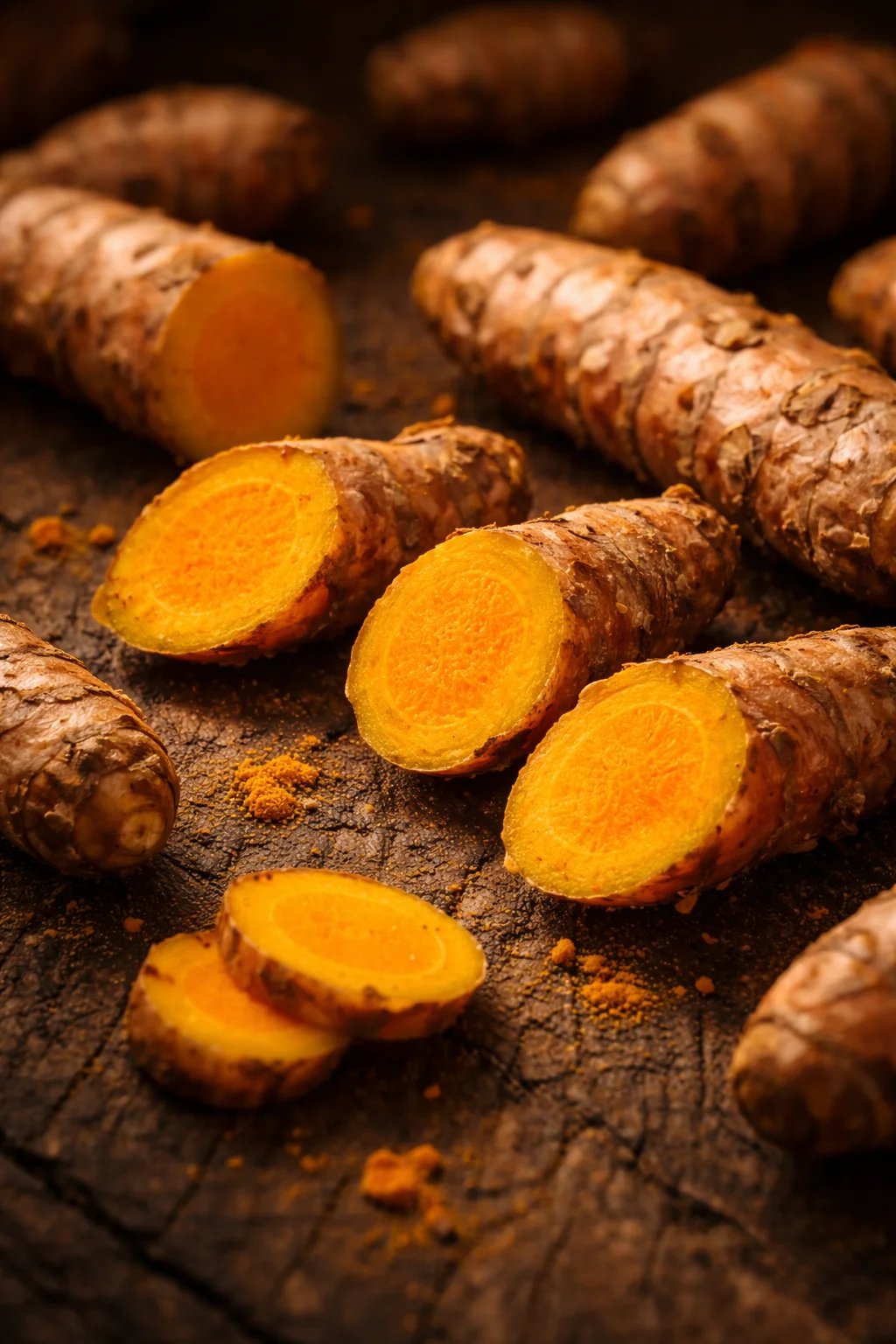 Fresh turmeric roots cut open showing golden-orange interior on dark wood
