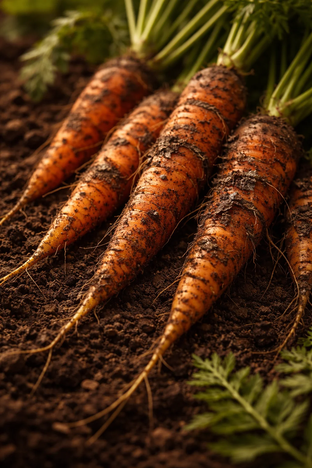 Freshly pulled wild carrots with soil on roots, deep orange, dark earth, warm farmland light