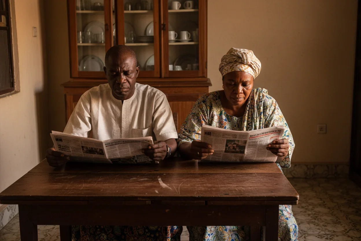 Nigerian couple squinting to read a newspaper at their kitchen table in warm morning light, Ibadan home