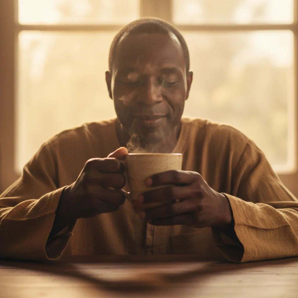 Nigerian man holding herbal tea in morning light