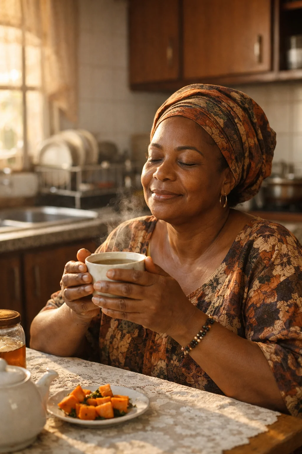 Nigerian woman in warm morning kitchen holding steaming herbal tea with quiet contentment, Ibadan home