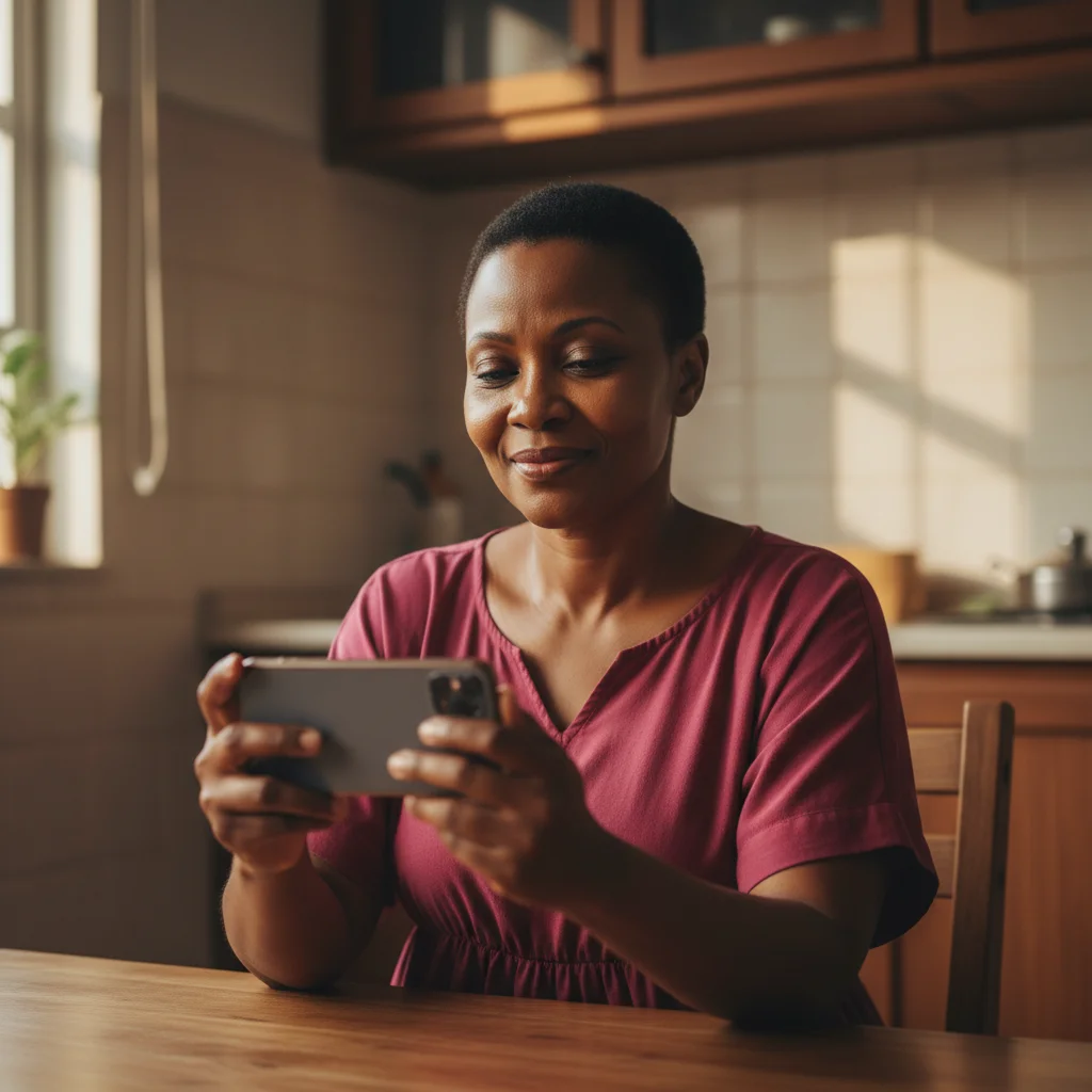 Nigerian woman reading phone effortlessly