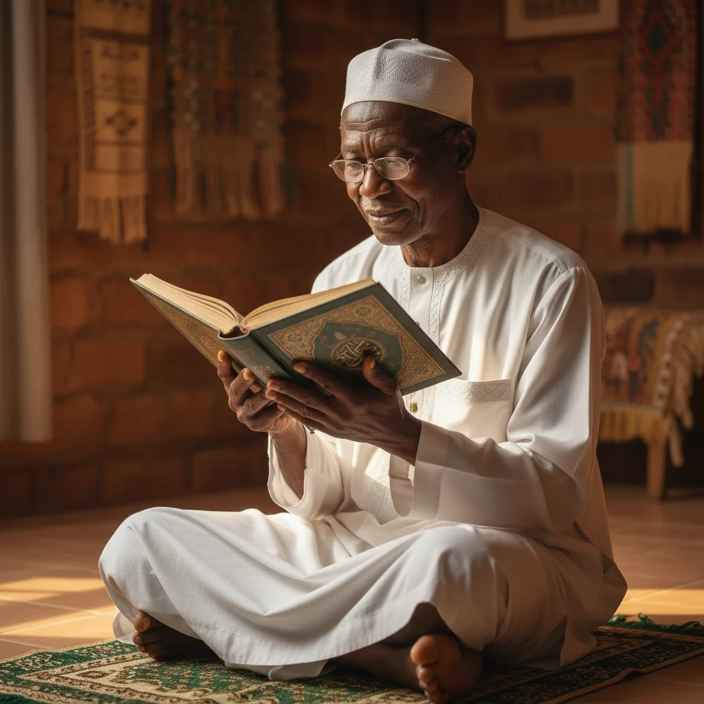Nigerian Muslim man reading Quran without magnifying glass