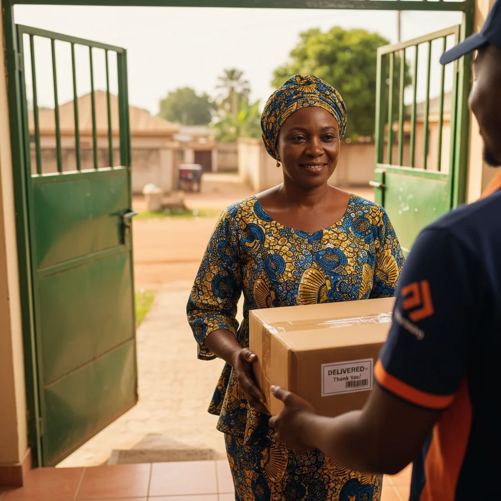 Nigerian woman receiving sealed delivery package