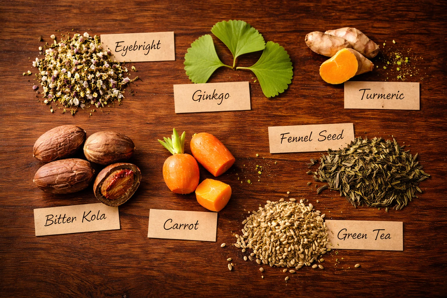 Seven botanicals flat lay on dark wood with hand-written label cards, warm natural lighting