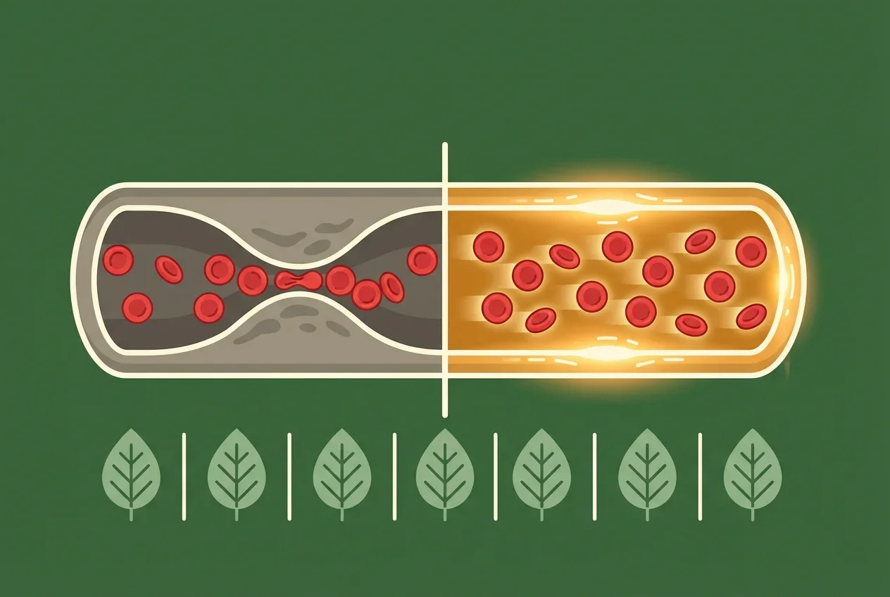 Medical illustration of retinal blood vessel cross-section showing narrowed vs restored states