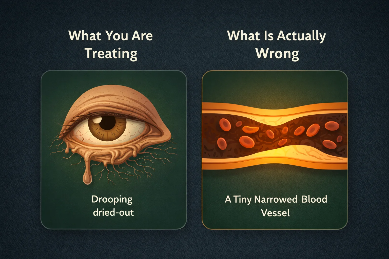 Split medical infographic: What You Are Treating vs What Is Actually Wrong — narrowed blood vessel