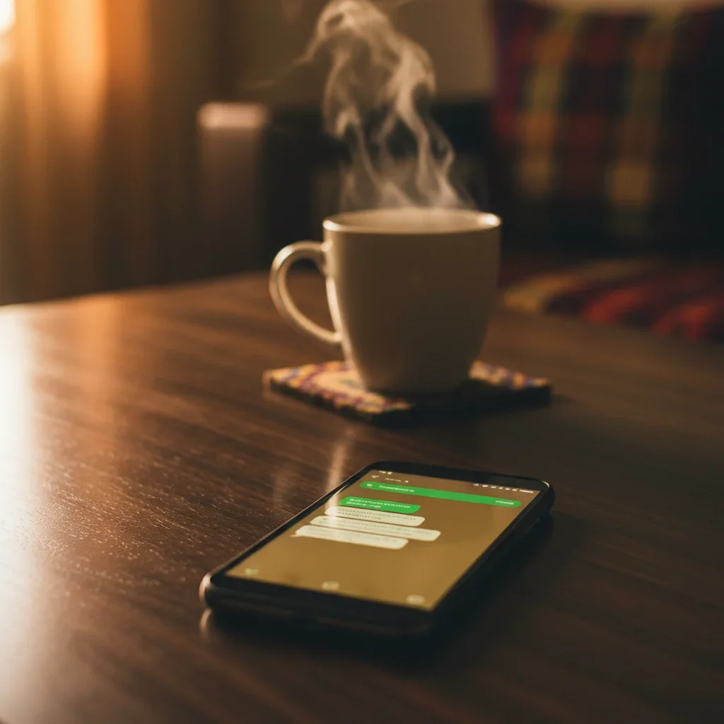 Nigerian smartphone resting on wooden surface showing WhatsApp chat, cup of tea blurred in background, warm amber evening light