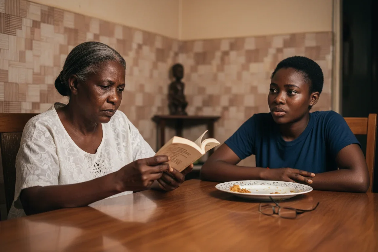 Older Nigerian woman reading at dining table without glasses, younger woman noticing, Onitsha home