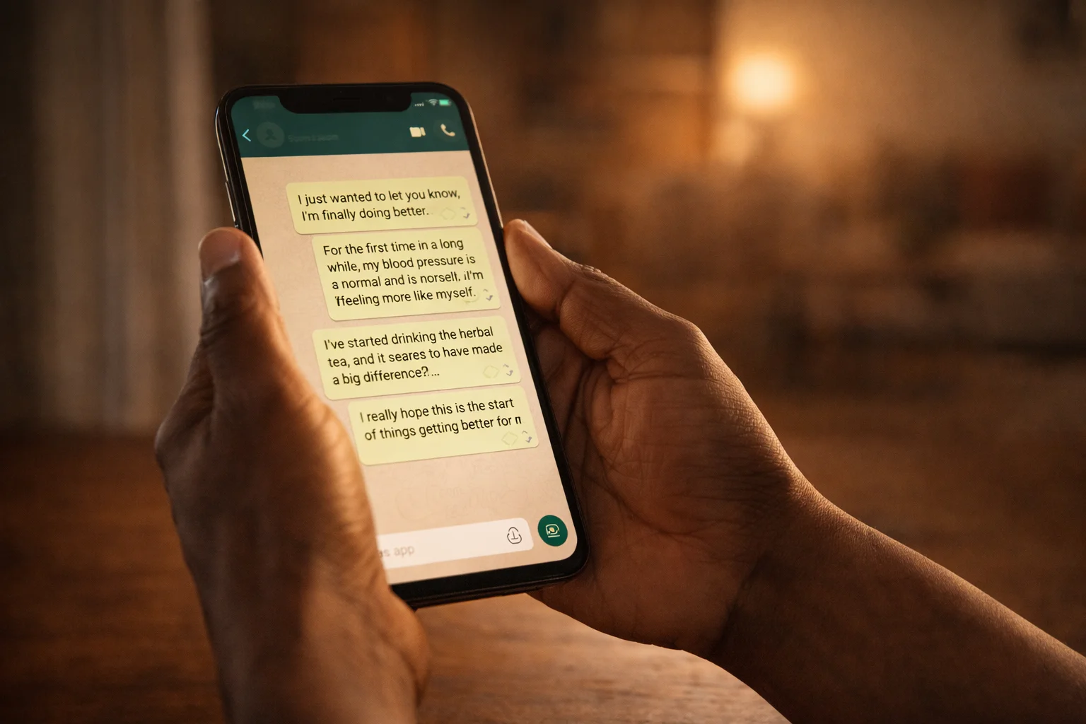 WhatsApp chat showing customer results with Ganabi I-C Tea