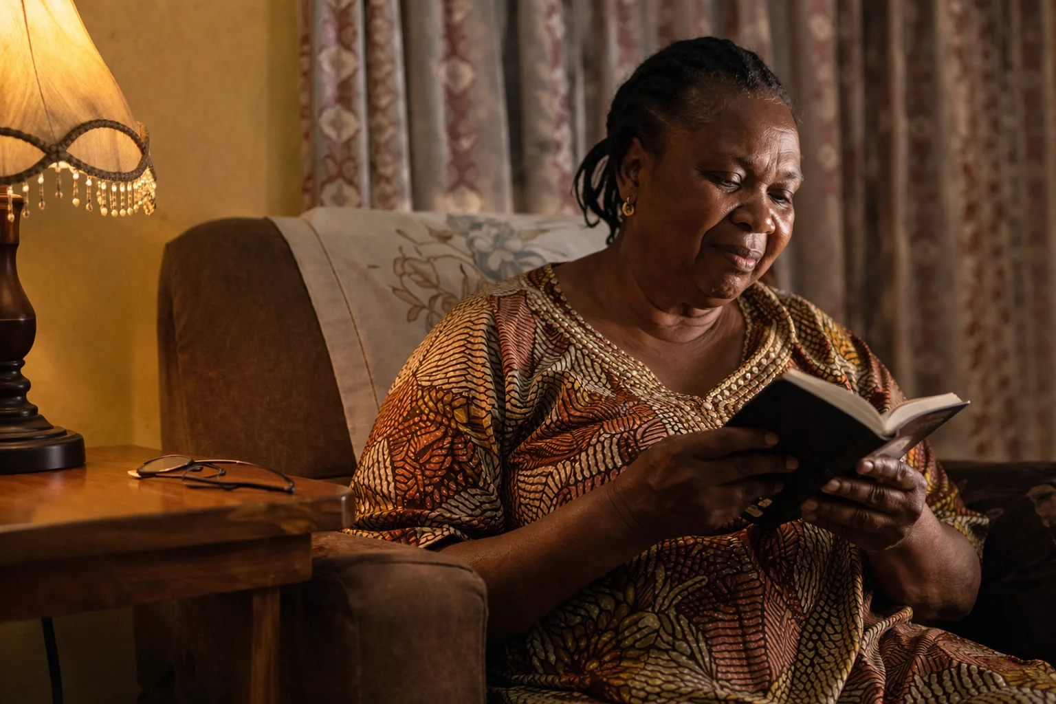 Nigerian woman reading with clear effortless vision, warm evening light