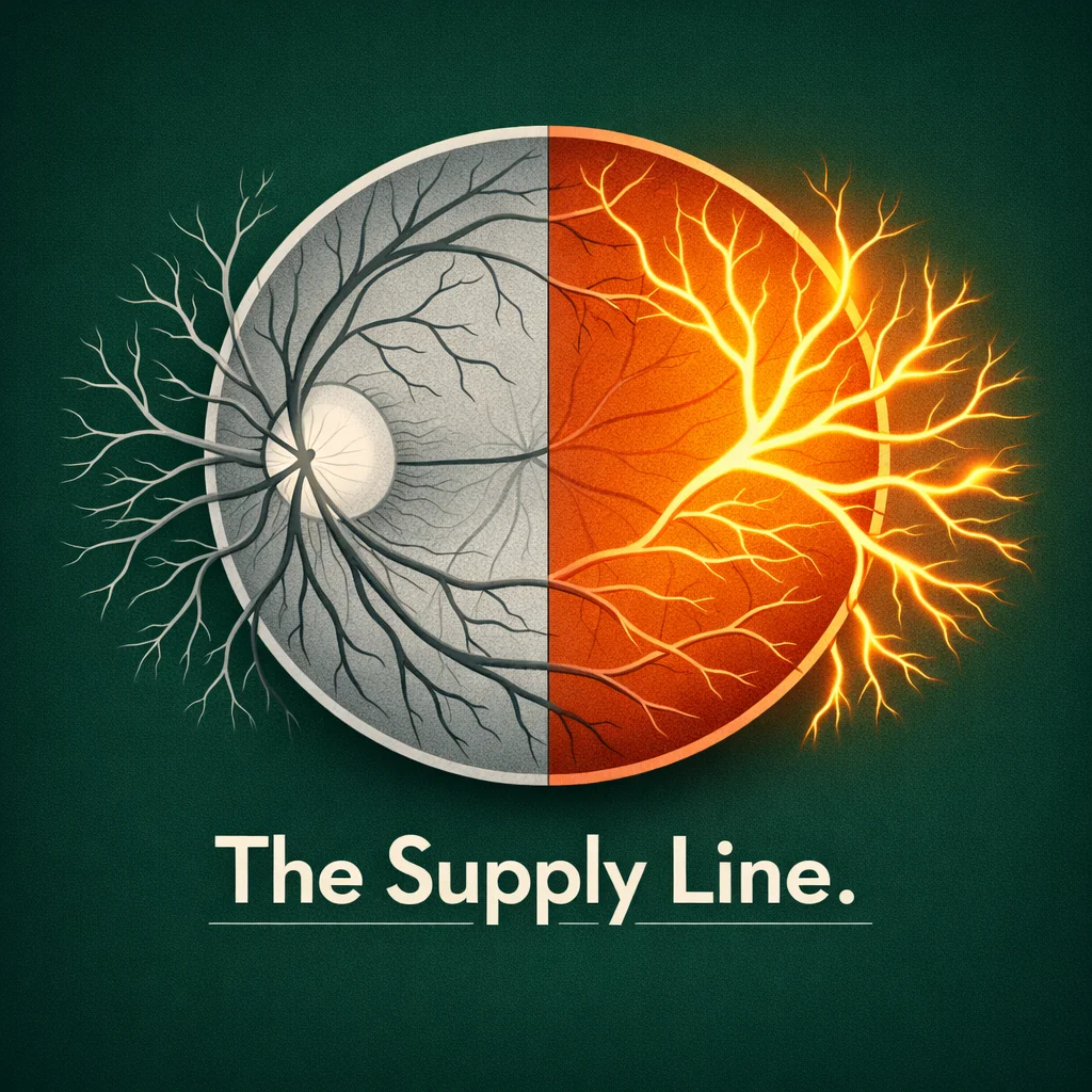 Medical illustration of retinal blood vessel supply line — narrowed vessels vs glowing restored vessels