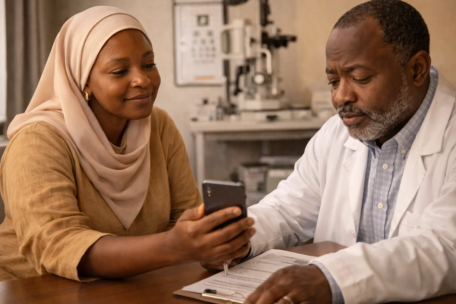 Nigerian woman in hijab at optician appointment showing ingredients on her phone, optician examining clipboard with interest