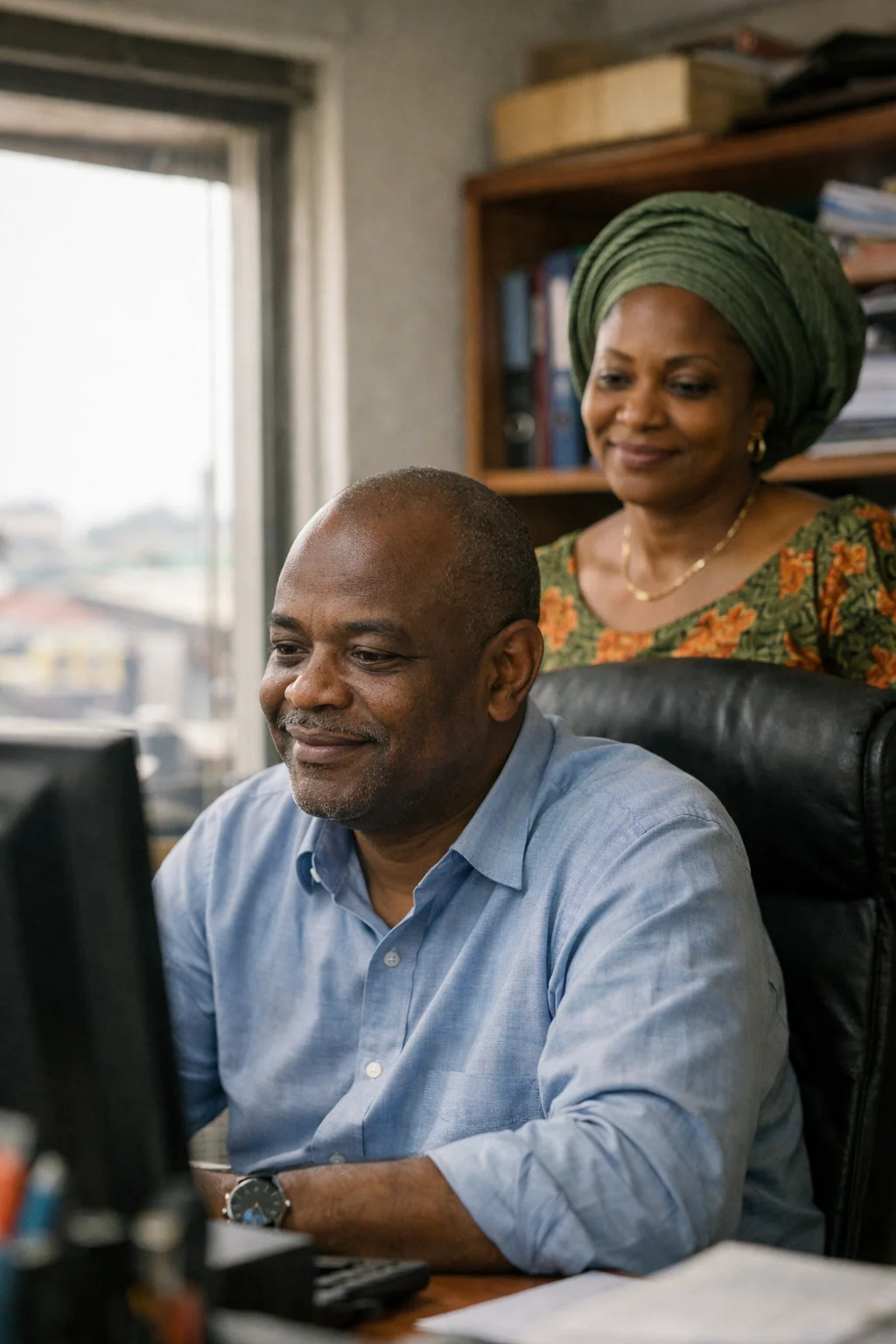 Nigerian man at office desk looking at screen relaxed, wife watching him from behind with quiet knowing smile, Lagos