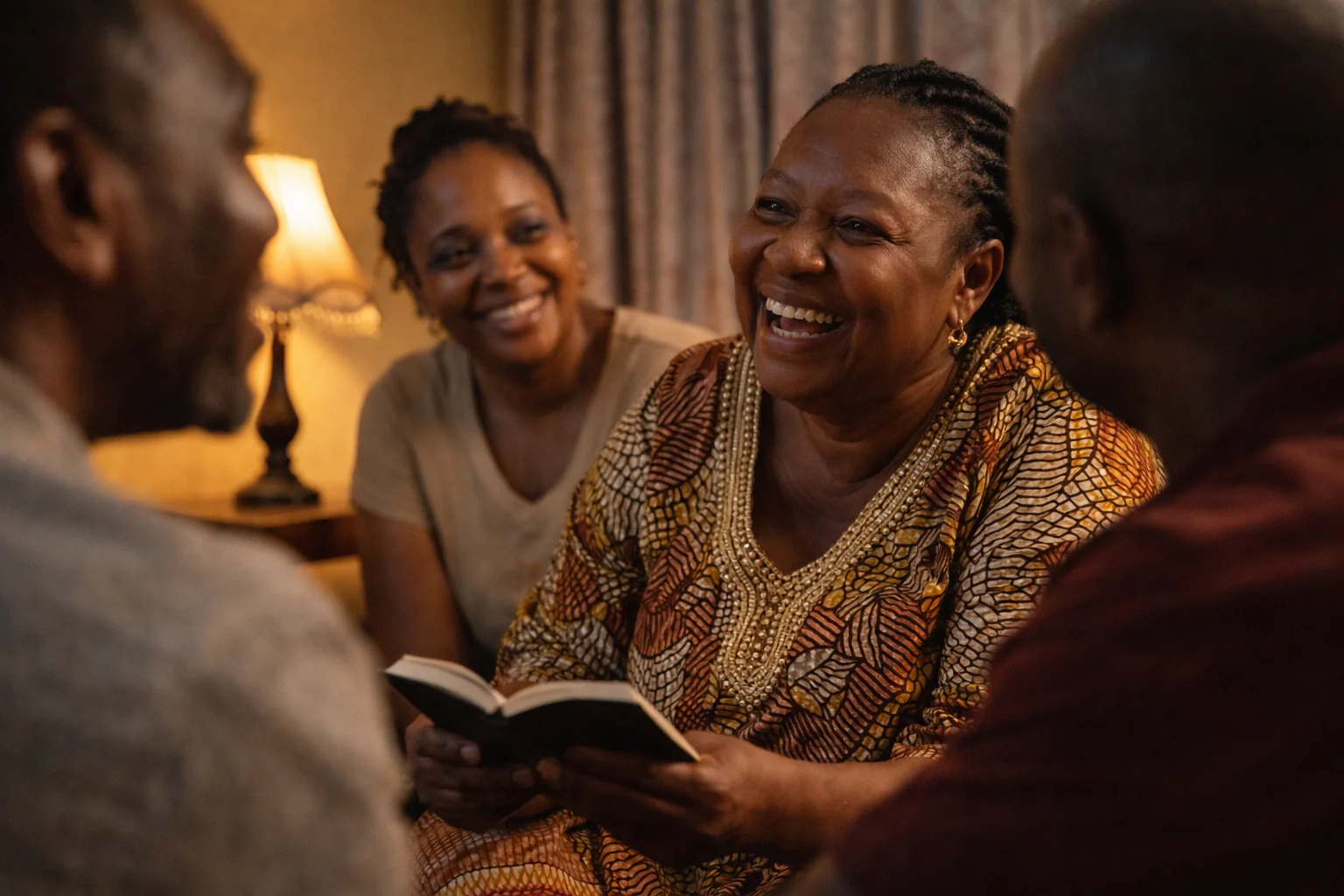 Nigerian family in warm Lagos living room, older woman at centre fully engaged, laughing, clear-eyed
